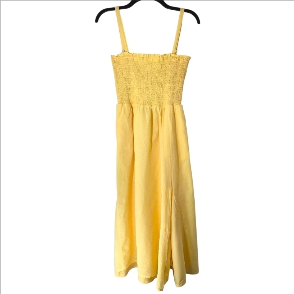 Wayf Yellow Smocked Bodice Midi Dress